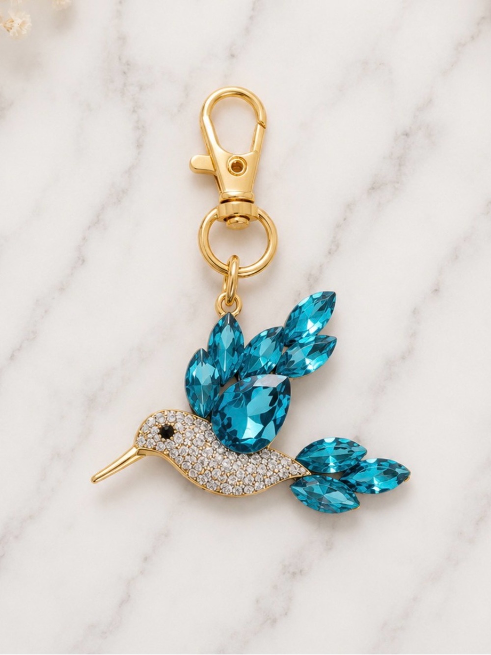 Bag Charm/Keychain-Blue and White Rhinestone Hummingbird Charm-Gold Hardware